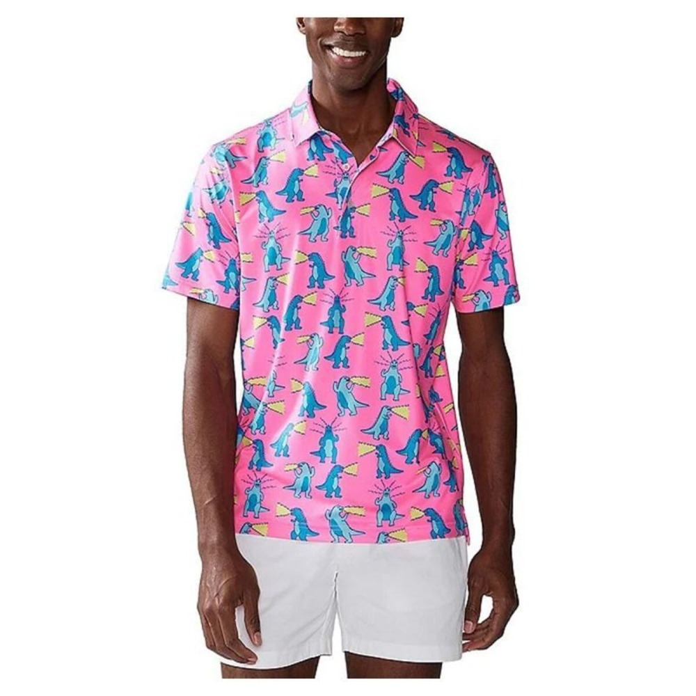 Chubbies Mens XXL The Hear Me Roar Performance Polo Shirt Pink Godzilla Dinosaur